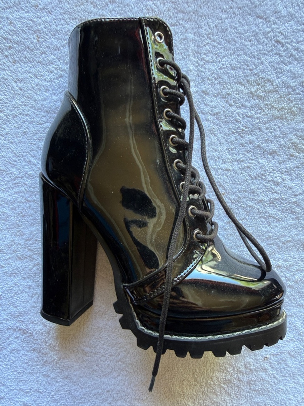 AKIRA Black Patent Lace-Up Platform Block Heel Boots